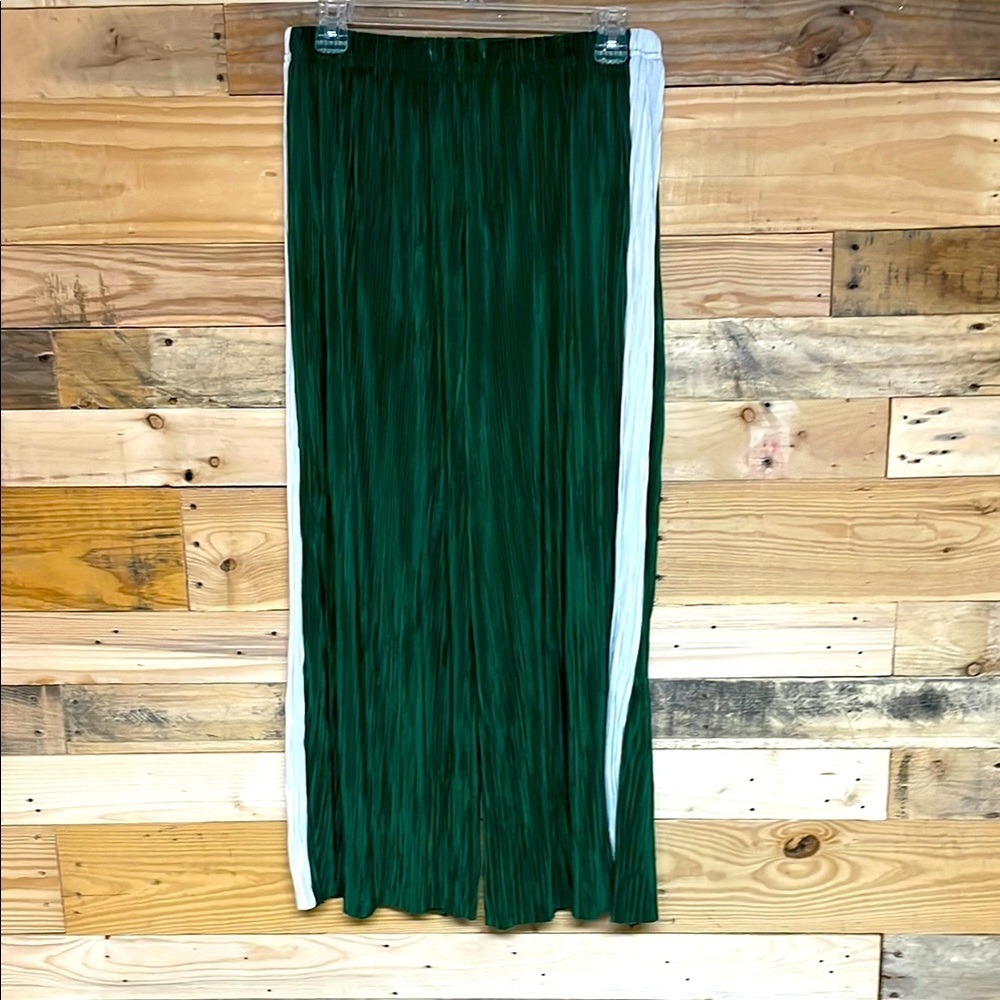 Silence + Noise size S Green with White Stripe Down Sides Pleated Elastic Pants
